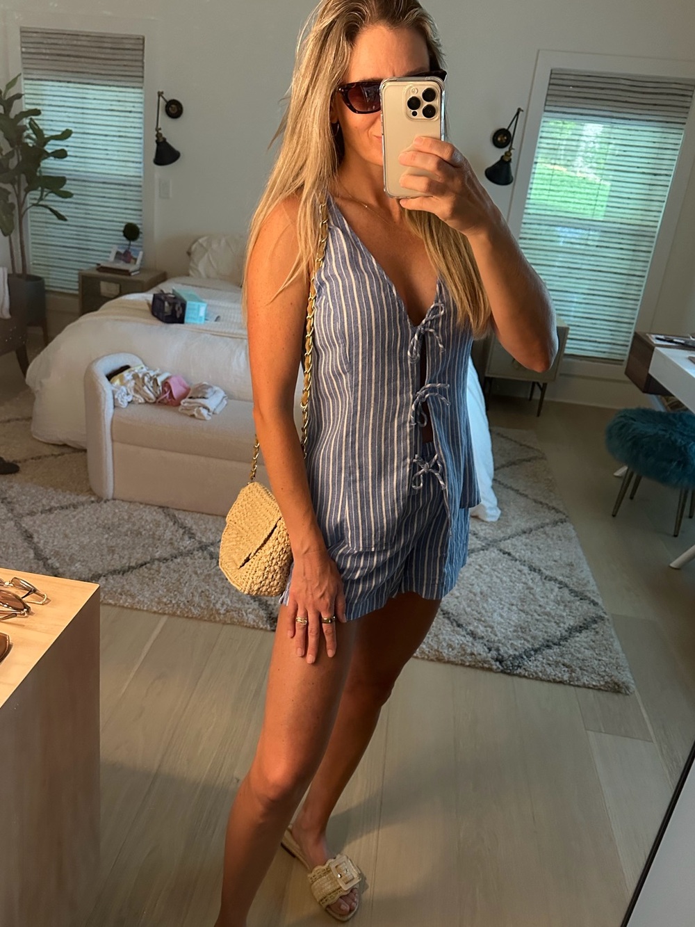 2-Piece Linen Set: Tie V-Neck Blouse & Shorts - A New Day™ Blue/White Striped S